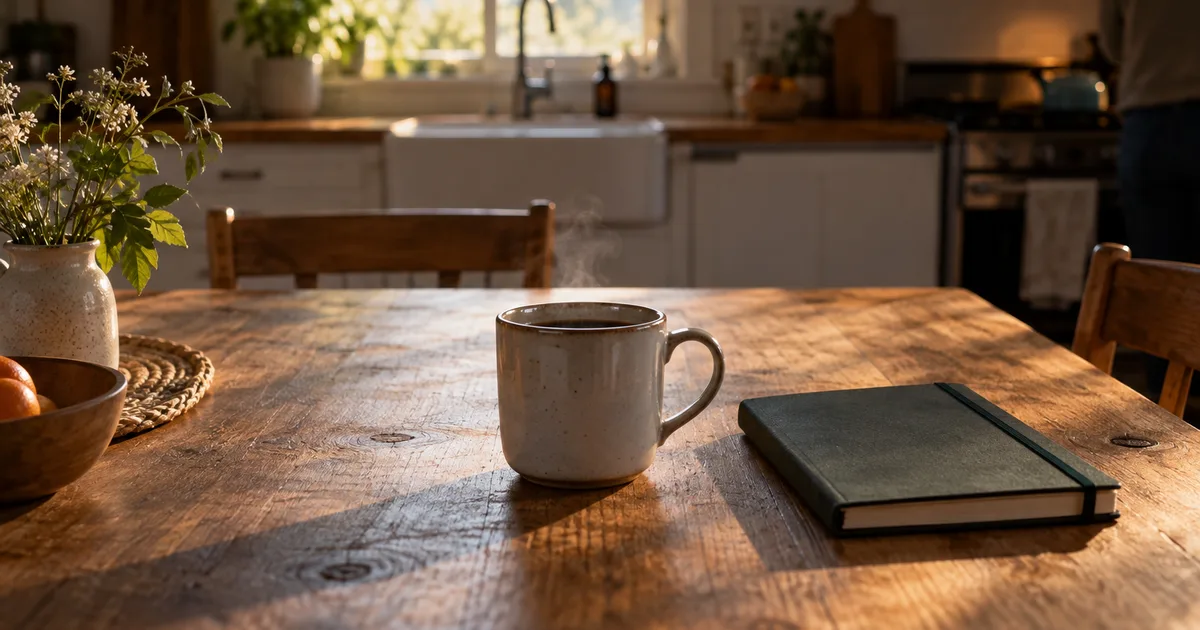 A young professional checking a laptop and phone at a kitchen table with coffee, papers, and a calendar nearby