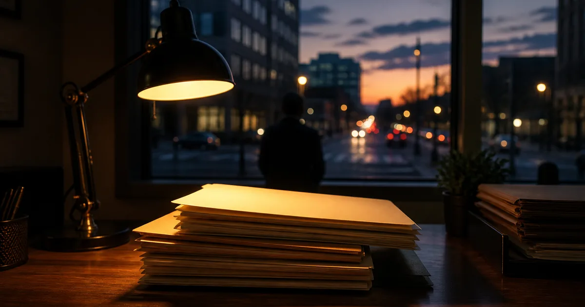 A professional reviewing immigration paperwork across a desk from an attorney, visa documents and a laptop visible in a law office