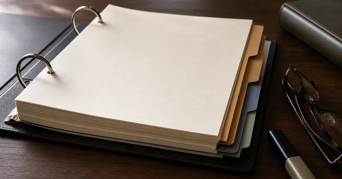 An open ring binder of printed corporate records on a desk beside reading glasses and a highlighter, tabbed dividers fanned out, soft window light from the left