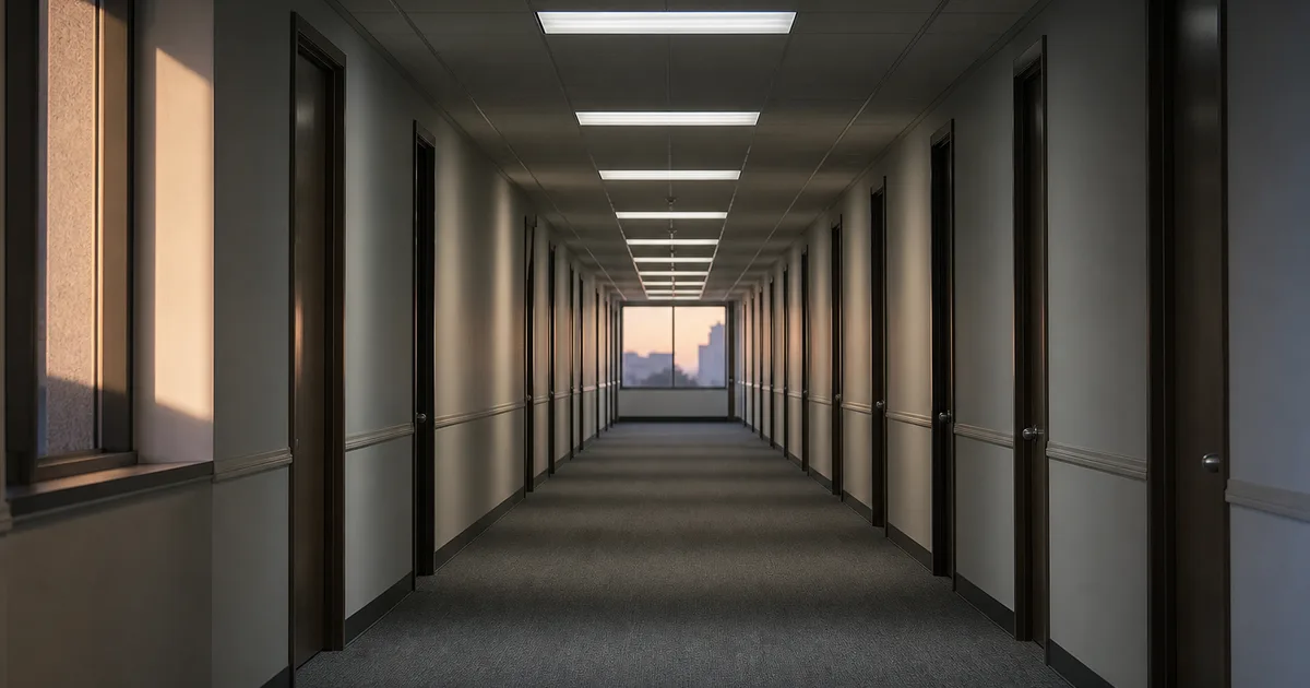 A quiet government-building corridor at dawn, closed office doors lit by rows of overhead fluorescent panels