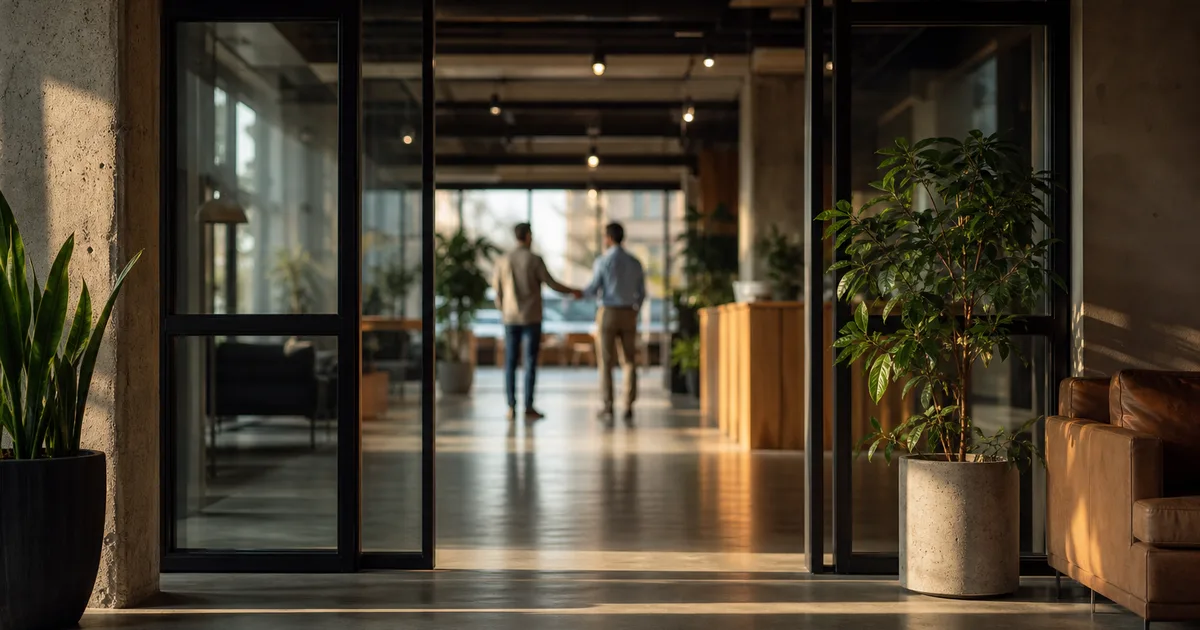 A co-working space entrance at afternoon light, two blurred distant figures shaking hands, turned away from camera