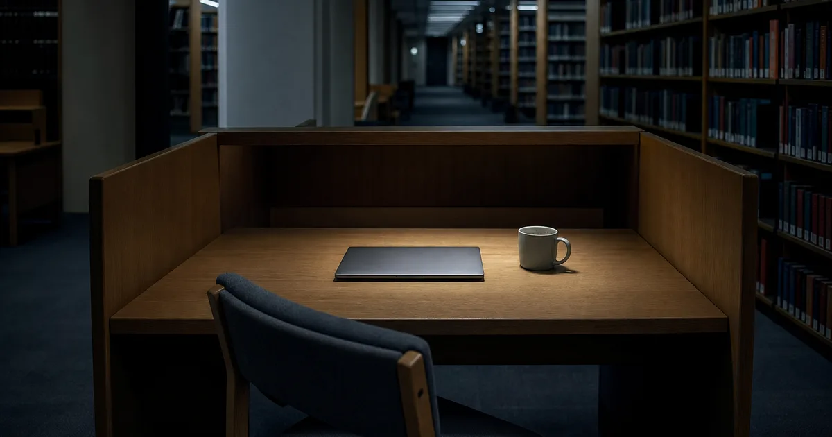 A university library study carrel just past midnight, an empty chair pushed back from a wide oak desk holding a closed laptop and a cold half-finished mug