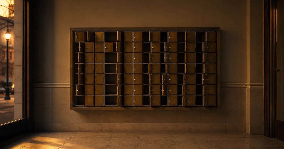 An empty apartment mailbox bank in a US building lobby at dusk, small brass doors hanging slightly ajar, warm sodium street light spilling across the tiled