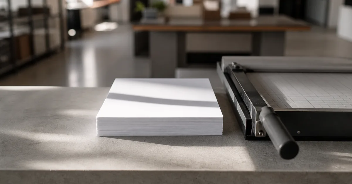 A quiet print shop counter at midday, a stack of crisp blank resume-weight paper resting beside a closed guillotine cutter, soft north-facing window light