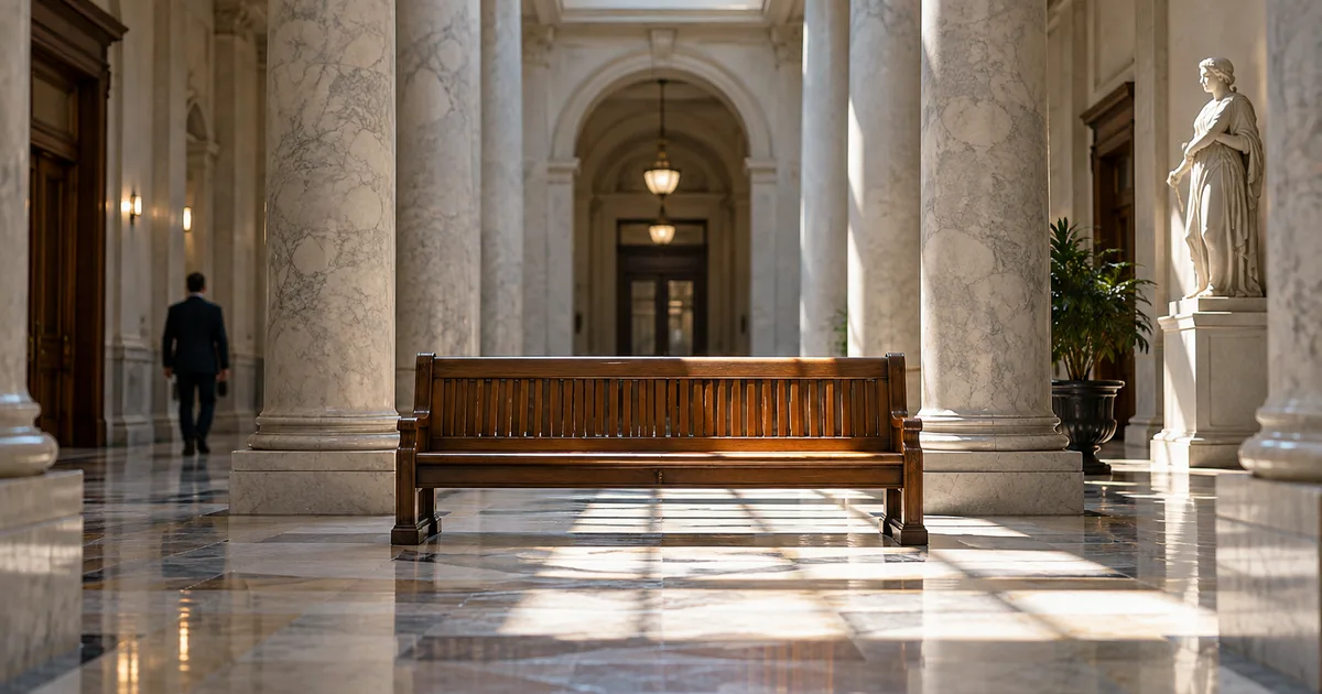 A courthouse column and steps in soft morning light with a briefcase resting on the bottom step, no people or text visible
