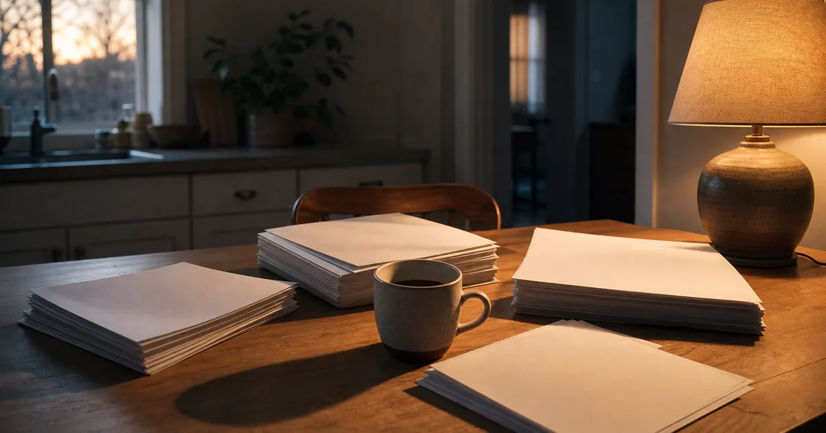 A dawn kitchen table cluttered with loose paper stacks and a half-full coffee mug, warm lamp light casting long shadows