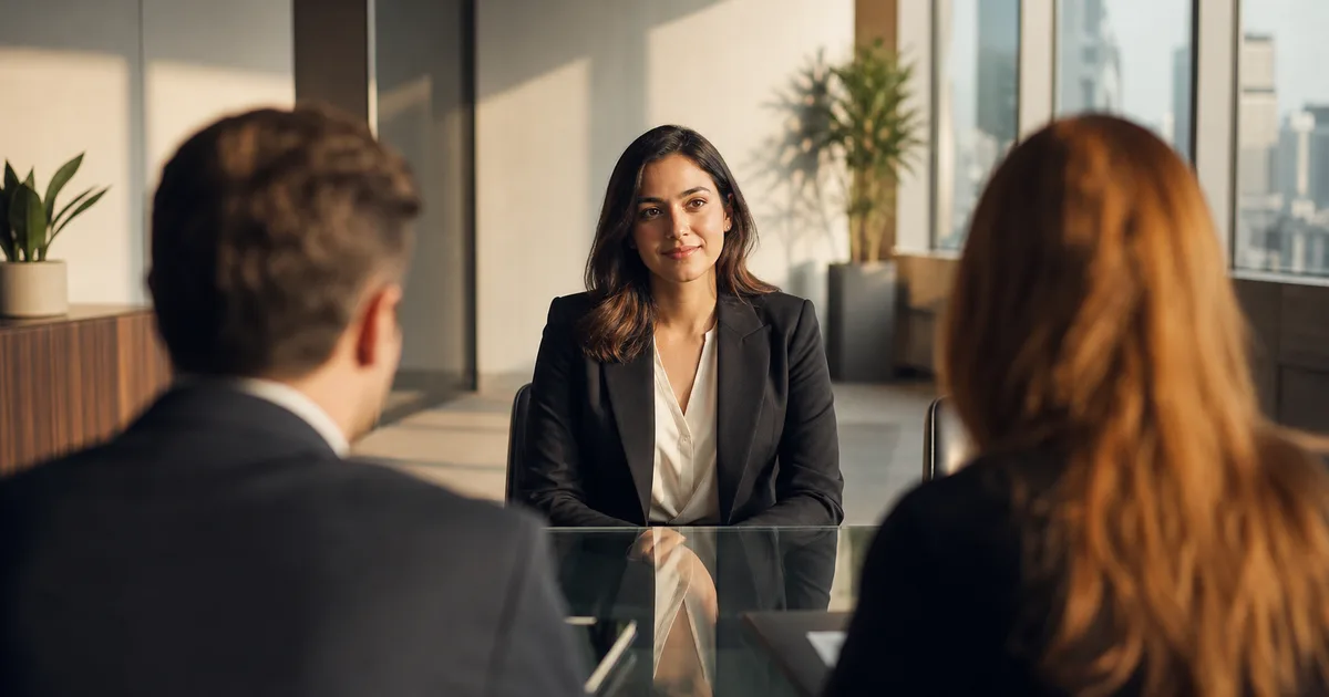 A candidate seated confidently across a glass desk from two interviewers in a modern office, late afternoon sunlight streaming through large windows, relaxed