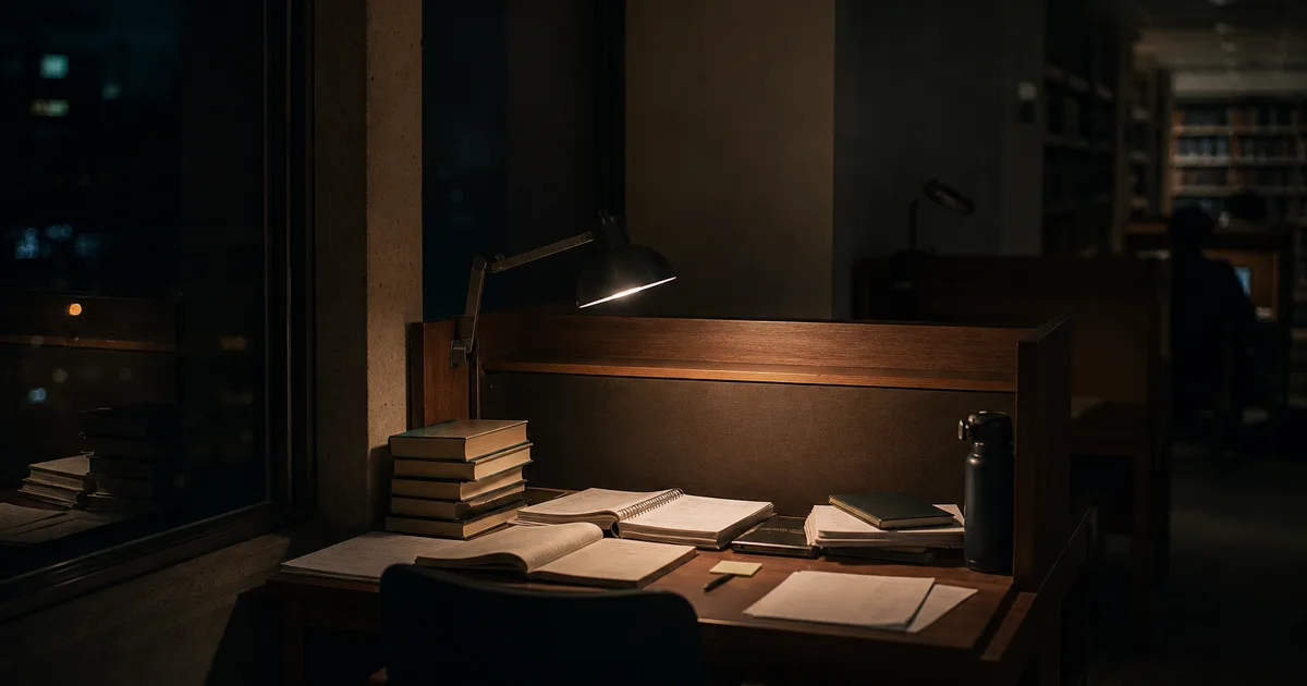 A student sits alone at a laptop late at night with a calendar and notebook nearby, conveying quiet job-search pressure