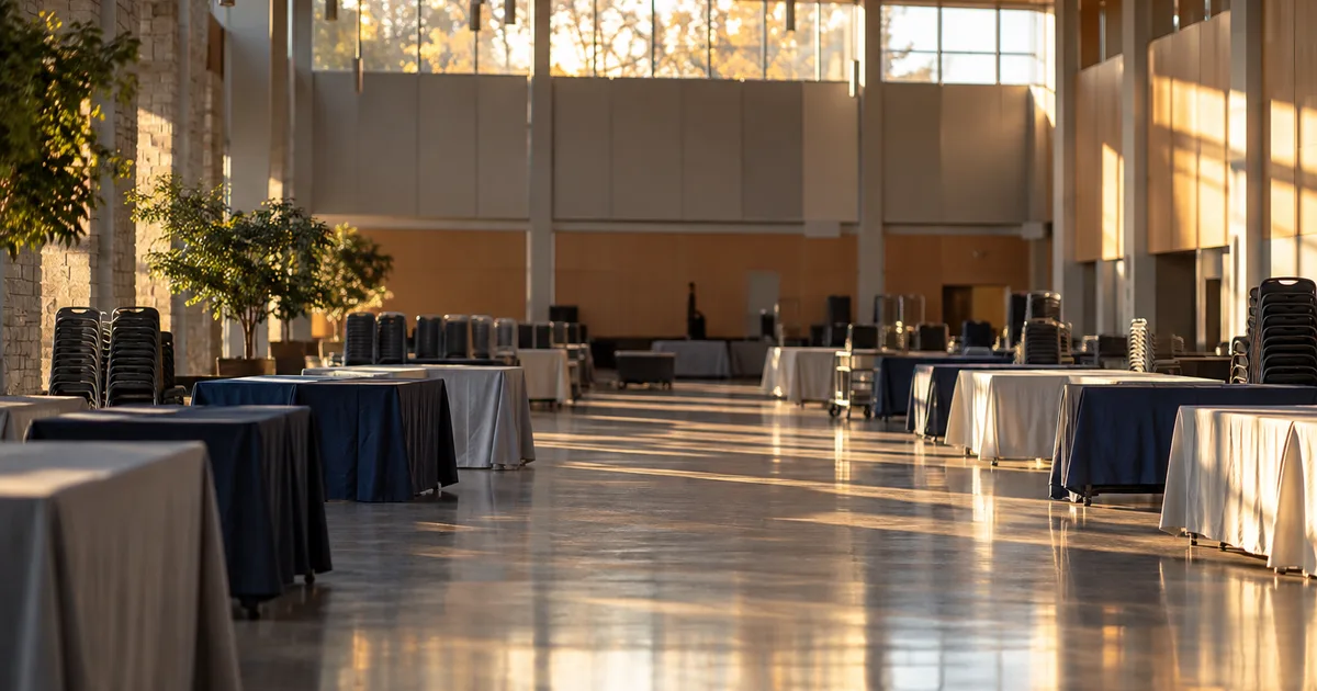 A university career fair hall after closing, empty folding tables with draped cloths and stacked chairs, late-afternoon light through high clerestory windows