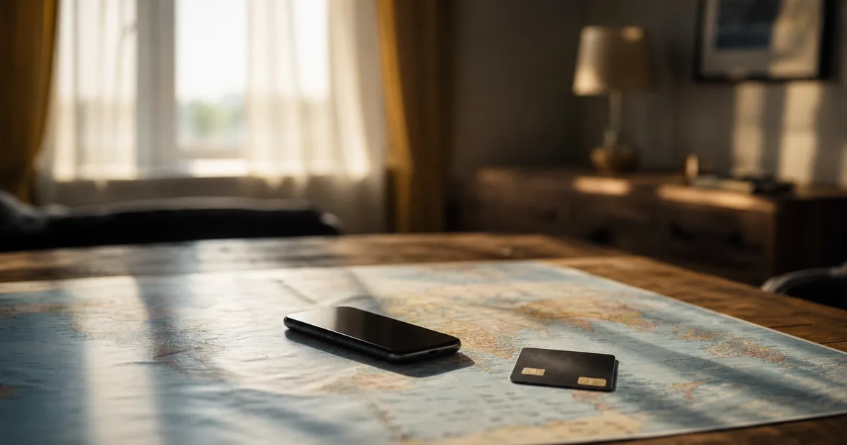 A smartphone resting on a world map open on a wooden table, with a bank card nearby and warm afternoon light coming through curtain-filtered windows